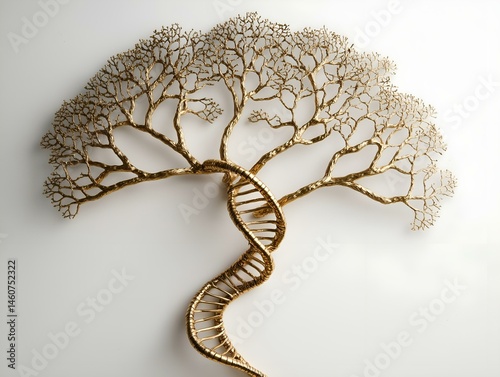 golden dna tree sculpture, light background, intricate design, metallic texture, artistic piece