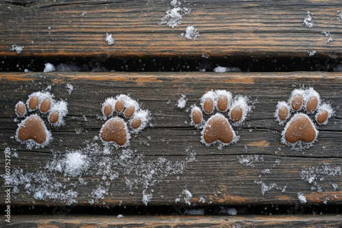 Dog paw prints in snow.
