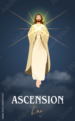 Happy Ascension Day Design with Jesus Christ in Heaven Vector Illustration. Illustration of resurrection Jesus Christ. Sacrifice of Messiah for humanity redemption.