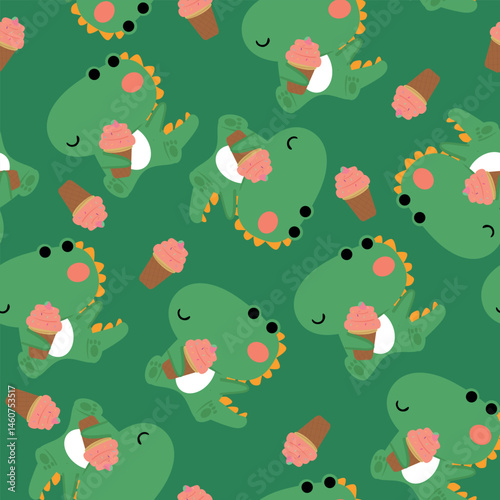 Seamless pattern cartoon cute dinosaur holding ice cream cute animal drawing for wallpaper and background