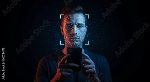 Man using smartphone with facial recognition technology  