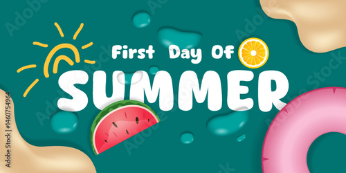 First Day of Summer. Water, lemon, sand, life buoy, watermelon and sun. Great for posters, banners, social media and more. Green background.