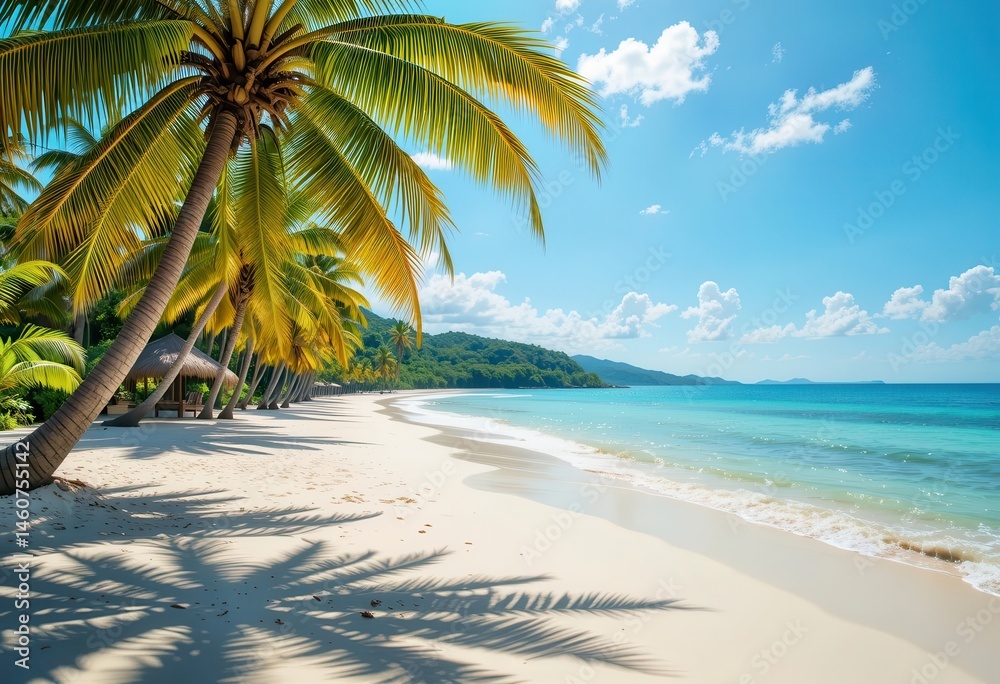 Obraz premium Tropical beach with palm trees and clear blue water under bright sunny skies