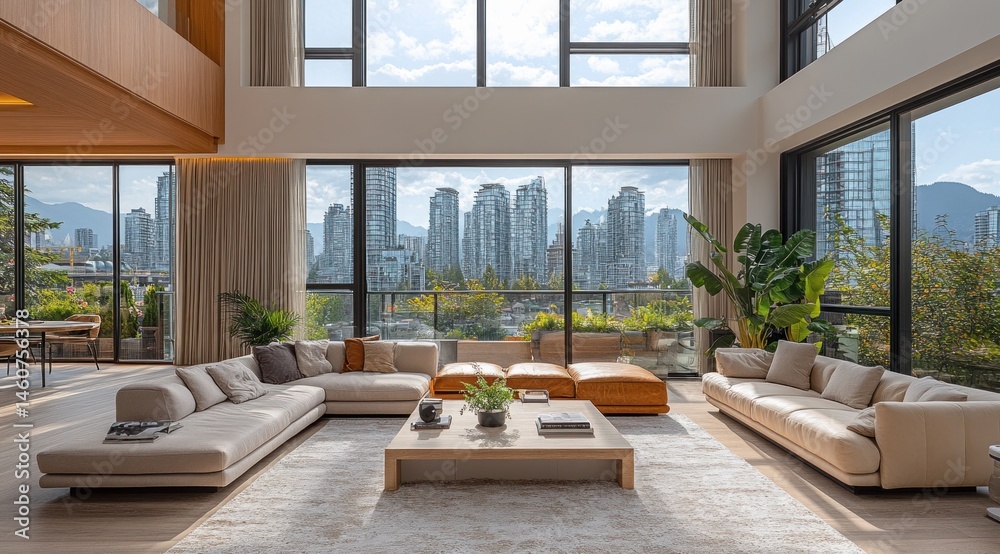 Fototapeta premium Spacious, modern living room with panoramic city views.