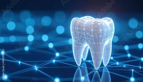 A digital wireframe tooth surrounded by blue glowing network lines and dots symbolizing dental technology and innovation.