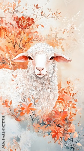 Fluffy lamb amidst autumnal blooms