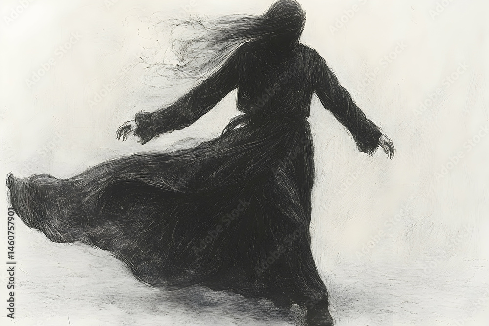 Fototapeta premium Windswept figure in dark robe grayscale fantasy illustration