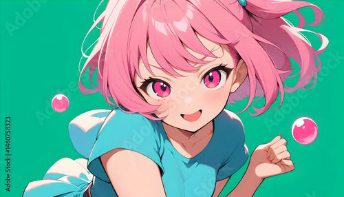 Anime Girl Smiling with Pink Hair and Pink Orbs on Green Background