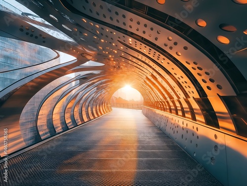 abstract metal structure, arched pathway, warm light, tunnel, modern architecture