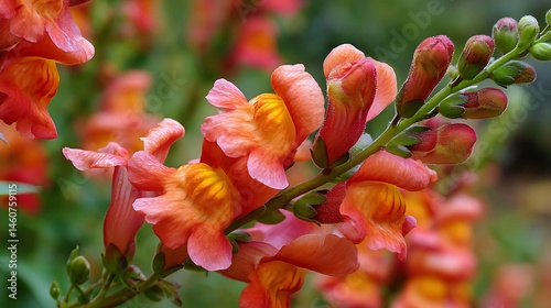 Delicate coral snapdragons on a green blurred day