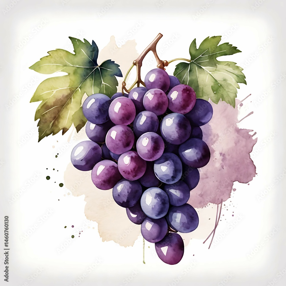 Fototapeta premium Watercolor Grapes Painting with Leaves and Abstract Background