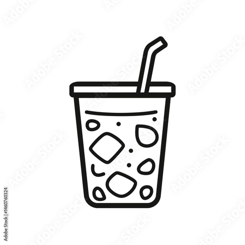 Outlined Cold Drink Glass with Straw and Ice Cubes on Transparent Background