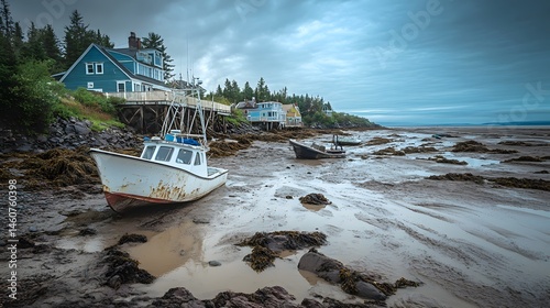 The Bay of Fundy during extreme tide changes, rocky coastline and boats grounded