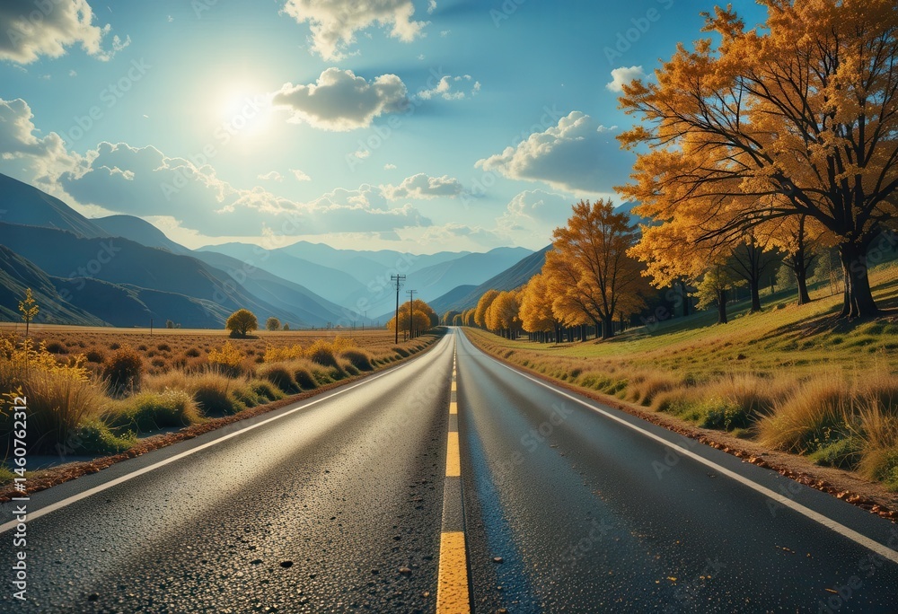 Beautiful autumn road surrounded by vibrant trees and mountains at sunset Beautiful autumn road surrounded by vibrant trees and mountains at sunset