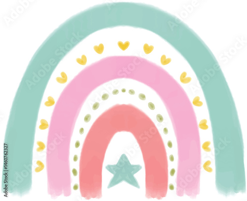 Cute Hand Drawn Boho Rainbow and Little Heart on Peach Background. Simple Style Nursery Wall Art for Baby Boy And Baby Girl. Vector Illustration Ideal as Card, Invitation.