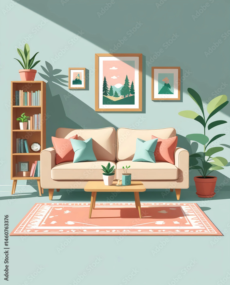 Fototapeta premium A stylish living room illustration featuring minimalist decoration.