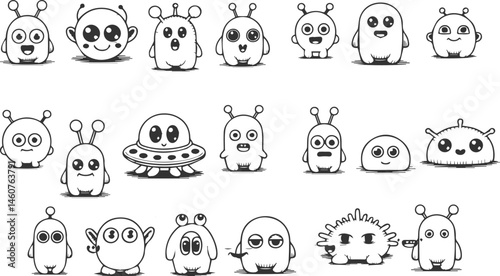 Doodle style cartoon aliens and flying saucer set black and white characters