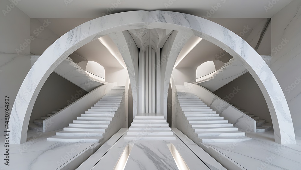 Fototapeta premium Modern architectural design displaying elegant white marble staircases and arches in a luxurious space