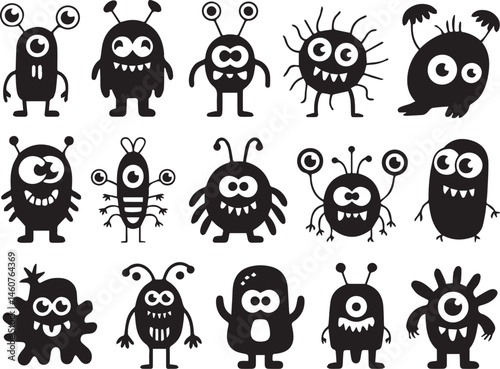 Vector set of cute cartoon monsters characters in black and white