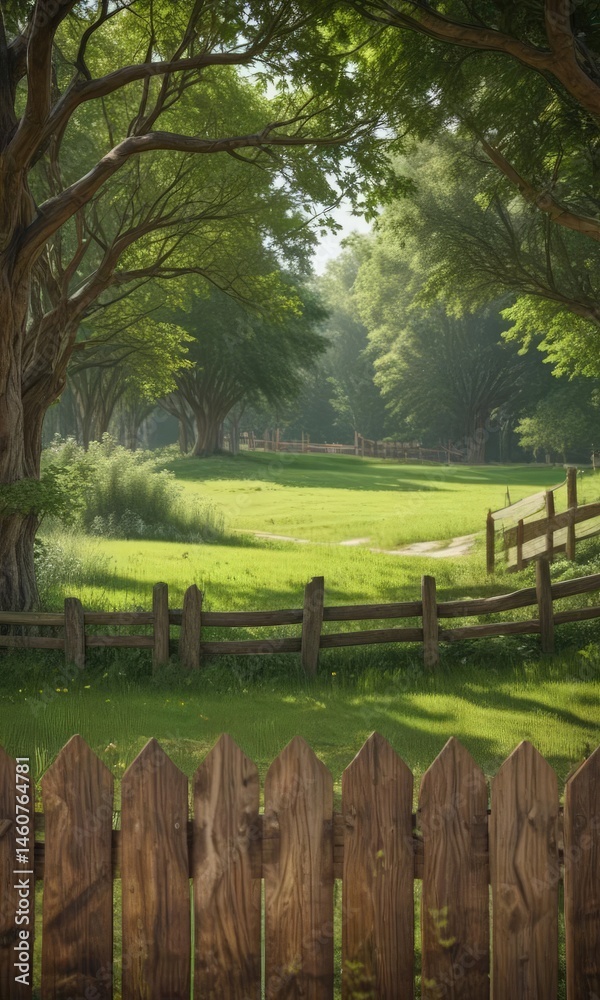 Obraz premium Rustic wooden fence displays poster, green park backdrop, realistic, nature