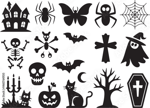 Halloween spooky silhouette vector design featuring bats spiders haunted house pumpkins and more