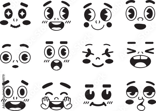 Black and white cartoon emoji faces with various expressions vector illustration