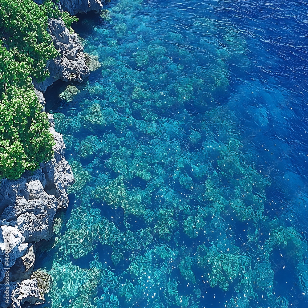 Obraz premium Crystal-clear ocean meets rocky shore