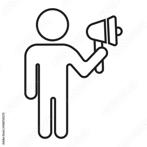A minimalist black and white line art icon depicting a stick figure standing and holding a megaphone at chest level.