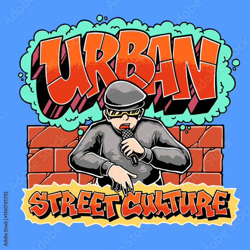 Graffiti text "Urban Street Culture" with vibrant street art style, featuring a rapper holding a mic, bubble background, and brick wall elements. Perfect for hip-hop, music, and street art designs.

