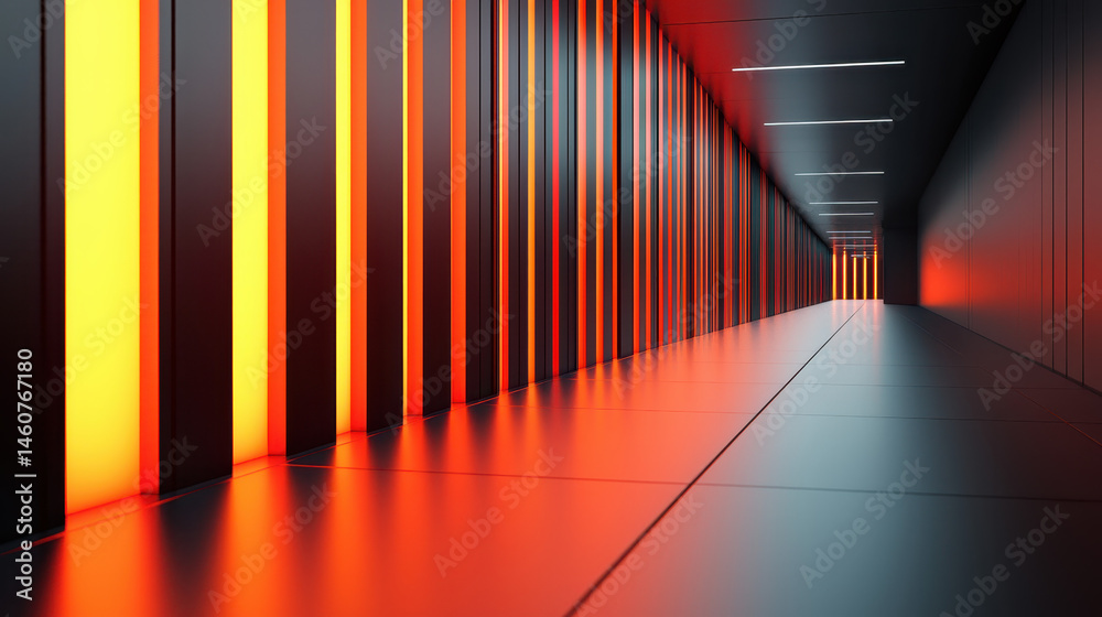 Fototapeta premium Realistic 4K 3D o representation background showcases a futuristic corridor with glowing orange vertical lines on the side reflecting on the floor creating depth.