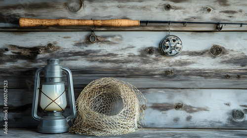 Professional Vintage Fly Fishing Rod, Creel, Net, and Lantern Equipment Image