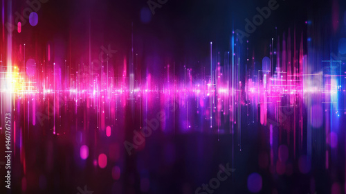 Realistic 4K 3D o signals create a vibrant background with neon lights and vertical lines, portraying sound frequencies from a dynamic side angle view.