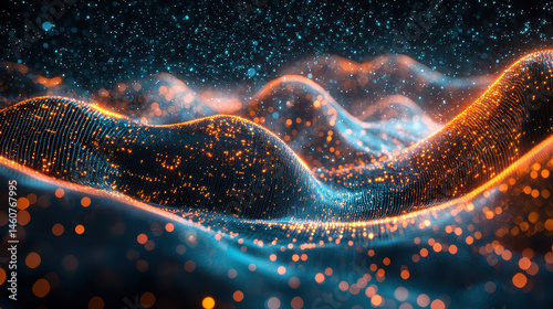 A realistic 4K side angle view presents a stunning 3D background with flowing o signals represented by glowing particles and dynamic waves in deep colors.