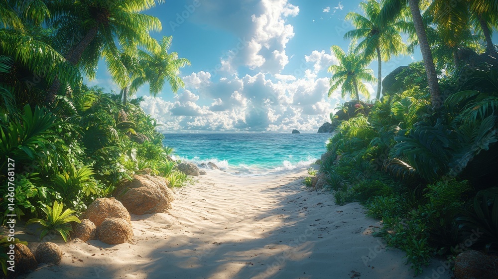 Sunny beach trail with lush green palms and turquoise sea under a cloudy sky Sunny beach trail with lush green palms and turquoise sea under a cloudy sky