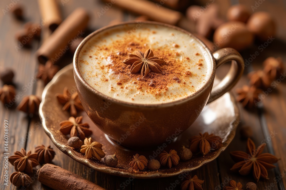 Warm spiced beverage in a rustic ceramic mug. Warm spiced beverage in a rustic ceramic mug.
