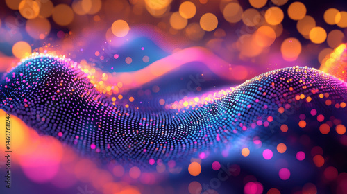 3D o visualization shows illuminated dots forming flowing waves against a soft bokeh background for a realistic and captivating 4K experience on Side A.