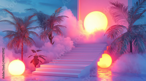 A dreamy 4K 3D o visual background displays glowing palm trees, stairs, and orbs in a surreal, side angle perspective with clouds and a sunset-like sky.
