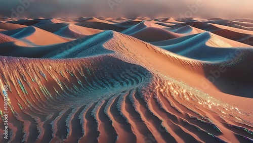 Artistic depiction of desert sand dunes showcasing vibrant colors and textured terrain in a landscape.