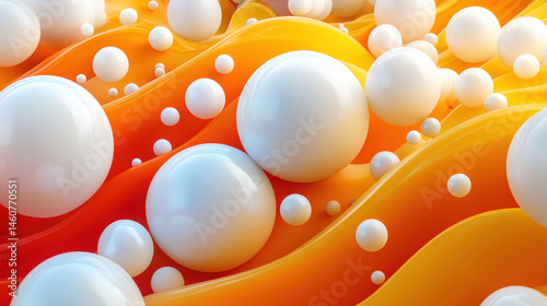 A bold, realistic 4K 3D background design showcases a side angle view of white spheres floating atop a dynamic wave of layered orange and yellow hues.