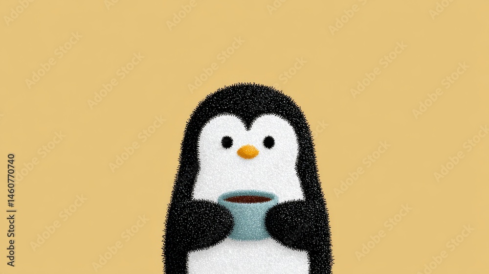 Naklejka premium A penguin in a scarf holding a cup of cocoa with snowflakes in the background.