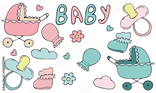 children s items in pink and blue, gender party - boy or girl, holiday decor, vector set of cute colored children s elements in doodle style with black outline, set of elements