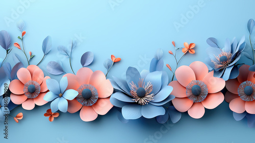 A realistic 4K 3D background featu bold flower colors in a side angle view showcases delicate blue and peach floral designs in a beautiful composition.