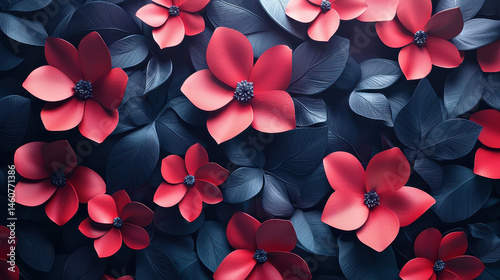 3D realistic background shows bold red petal designs with dark leaves rendered in 4K resolution for a vibrant and visually appealing side angle presentation.