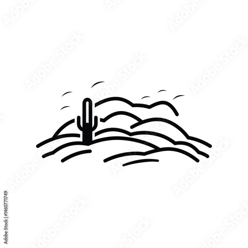 Single Cactus with Hills & Flying Birds Outline Icon on Transparent Background