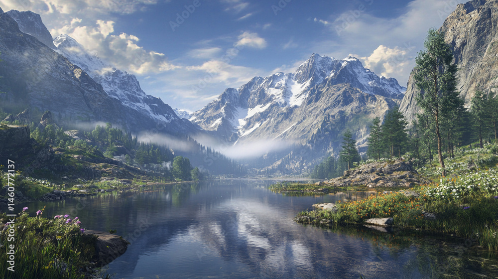 River running through a lush mountain valley with cloudy sky, Serene Mountain lake surrounded by lush greenery forest, Picturesque mountain view with a crystal-clear river. River running through a lush mountain valley with cloudy sky, Serene Mountain lake surrounded by lush greenery forest, Picturesque mountain view with a crystal-clear river.