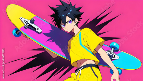Holding Colorful Skateboard Anime Style Illustration on Pink