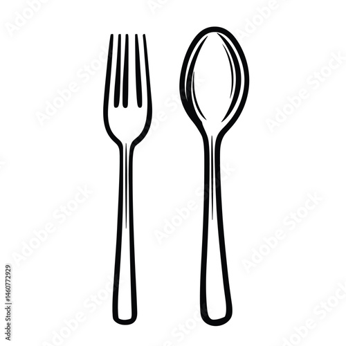 Spoon and Fork Cutlery Outline Icon on White Background, Kitchen Utensils