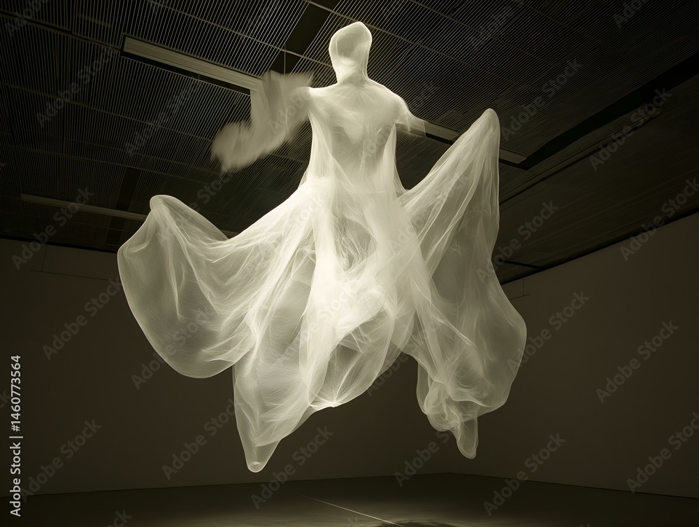 Fototapeta premium white fabric sculpture, dynamic form, dark background, flowing lines, artistic installation