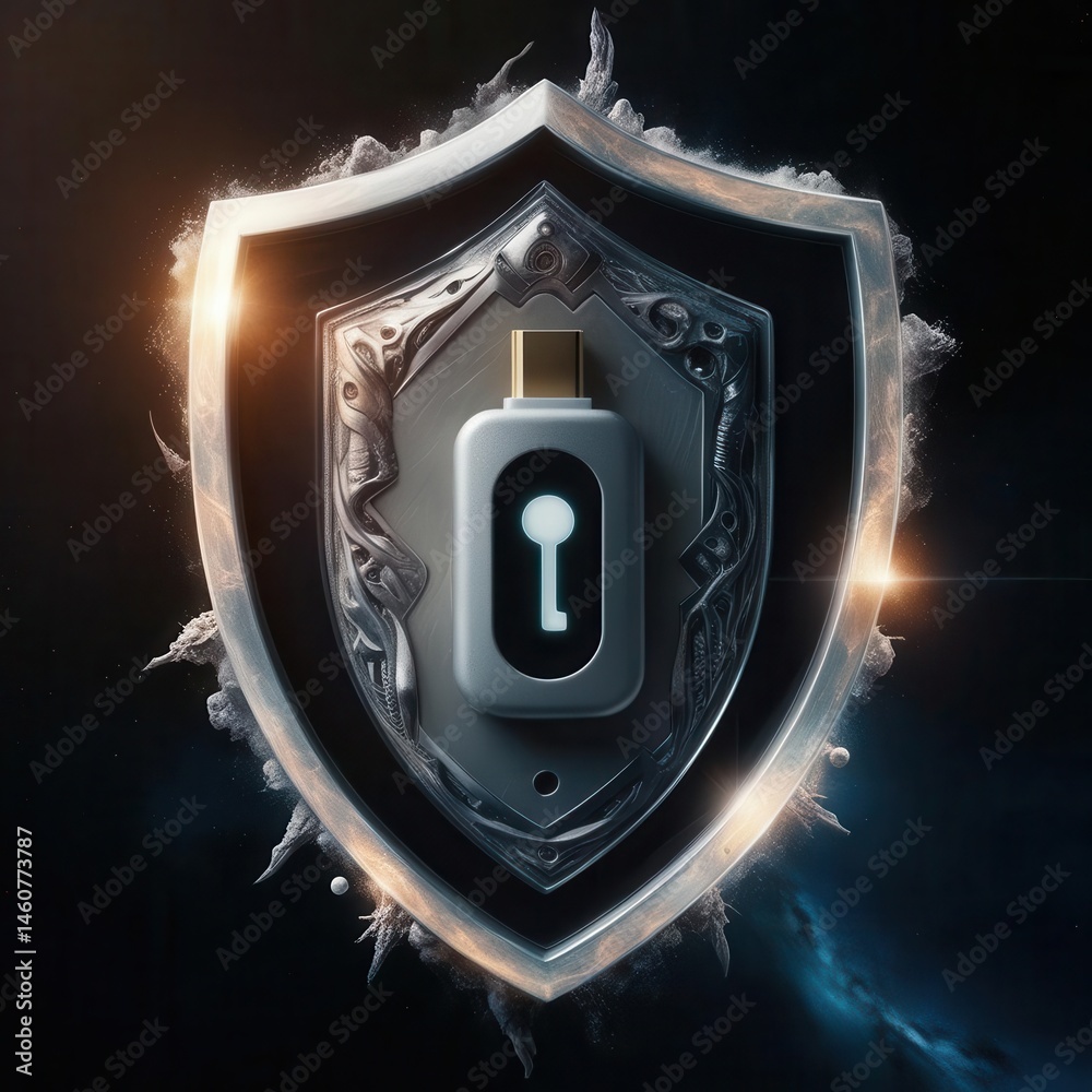 Fototapeta premium Data USB blocker security concepts. A digital security key is embedded in a metallic shield, symbolizing strong cybersecurity and protection against threats.