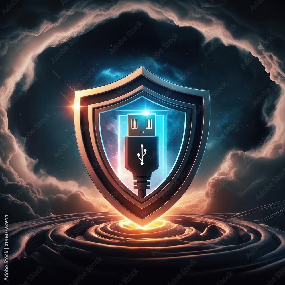 Fototapeta premium Data USB blocker security concepts. A shield with a USB symbol at its center stands in a glowing, futuristic setting, representing data protection and cybersecurity.